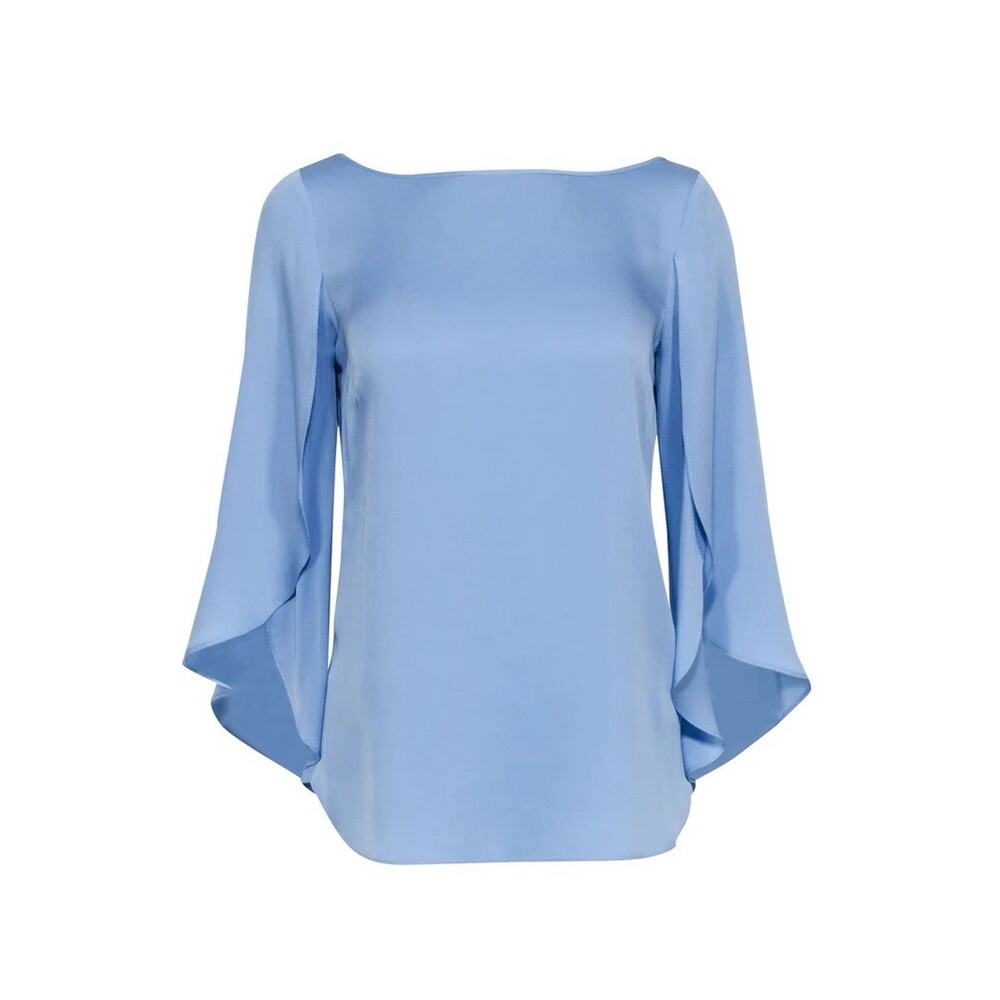 Milly Blue Stretch Silk Blouse Top Women’s 6 Slit Sleeve Flowy Modest Elegant